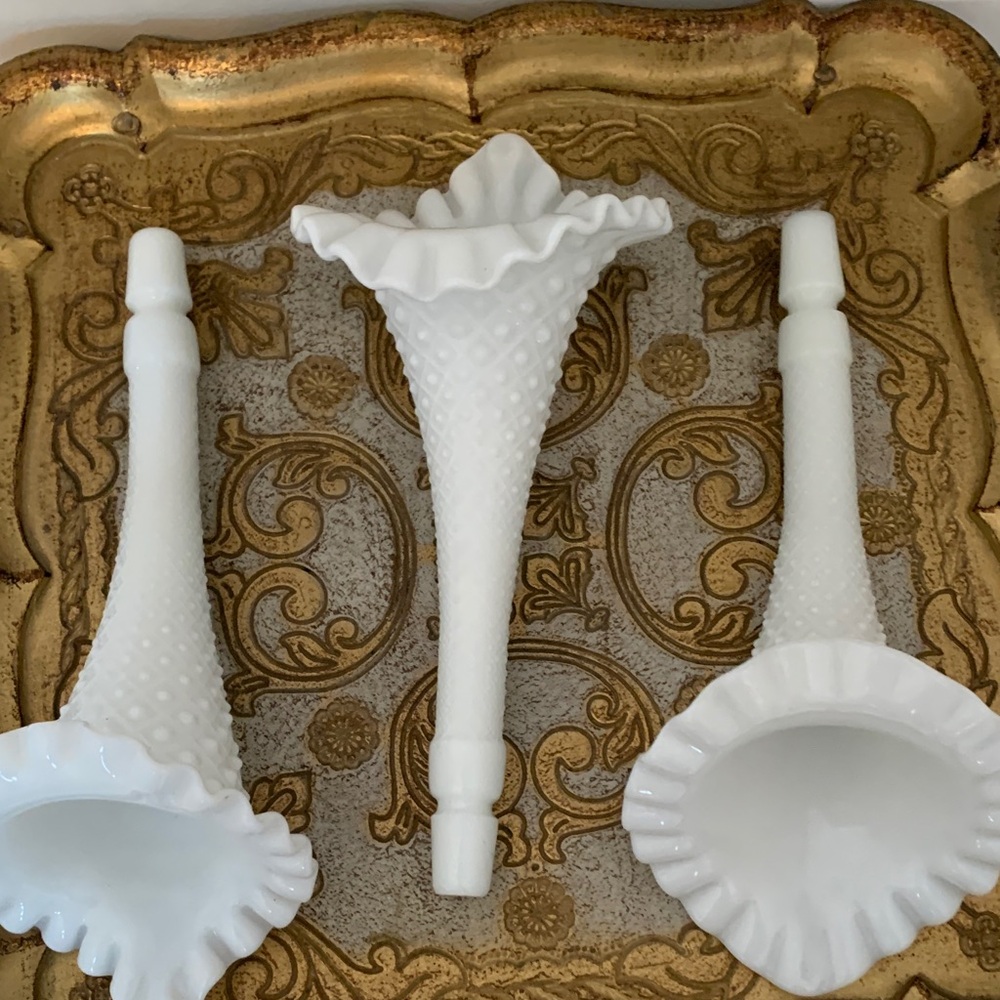 Fenton White Hobnail Glass 3 Epergne Horns Set